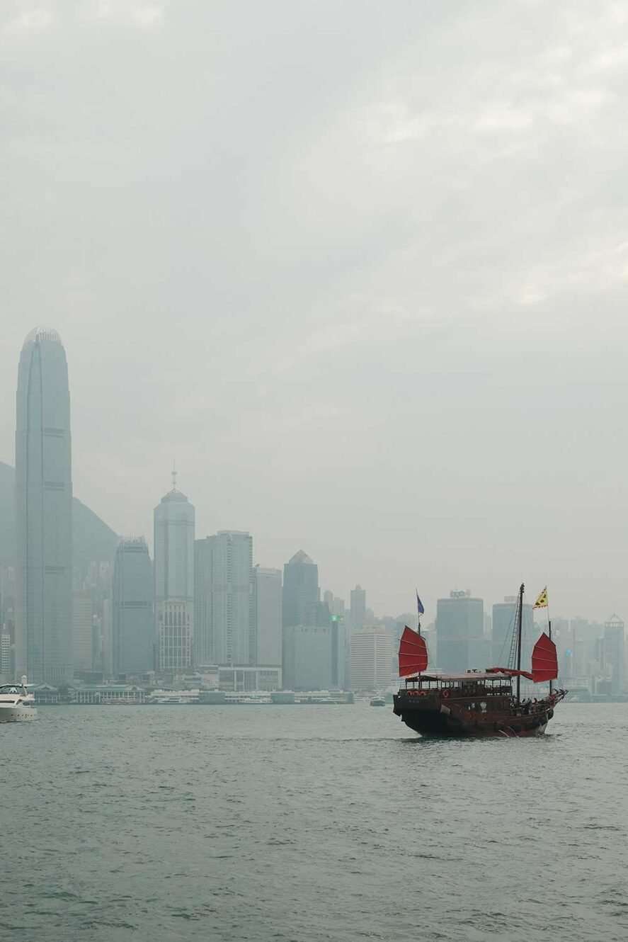 Acqua Luna boat and the skyline of Hong Kong Island seen from the Avenue of Stars